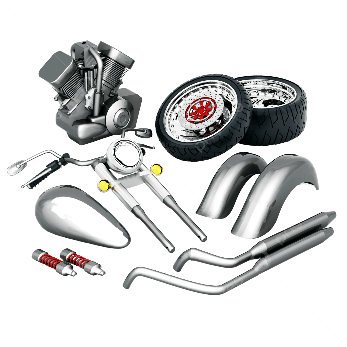 Motorcycle spare parts — engine, wheels, fenders, tank, exhaust