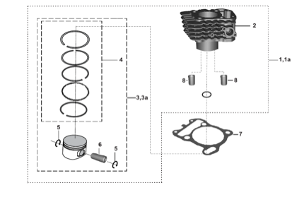 Bajaj exploded drawing, plate 6, Cylinder and piston
