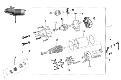 Bajaj exploded drawing, plate 18, Starter motor